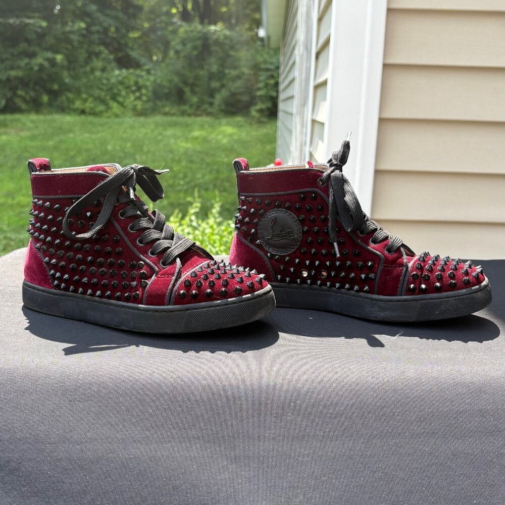 EU Size 36, US W 6 Christian Louboutin Burgundy velvet stud high top sneaker